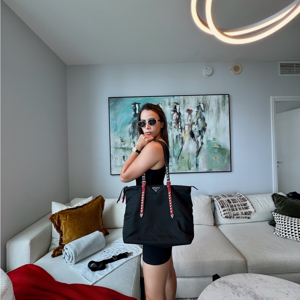 Prada Vela Studded Nylon Black and Red Convertible Tote Bag - Picture 5 of 16